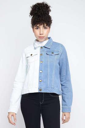 solid collared denim women's casual wear jacket - multi