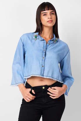 solid collared denim women's casual wear shirt - ice blue