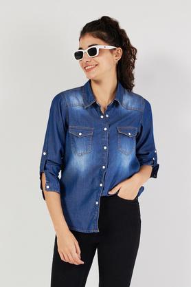 solid collared denim women's casual wear shirt - indigo
