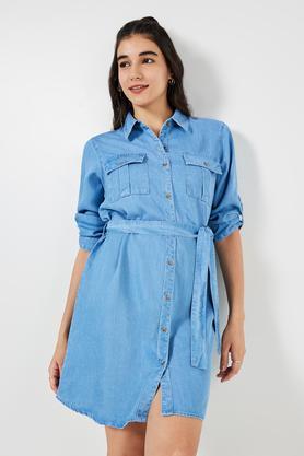 solid collared denim women's dress - indigo