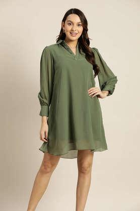 solid collared georgette women's mini dress - olive