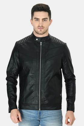 solid collared leather men's winter wear jacket - black