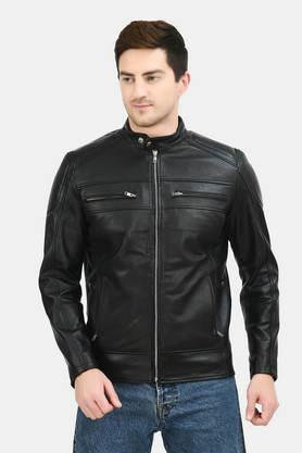 solid collared leather men's winter wear jacket - black