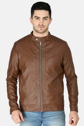 solid collared leather men's winter wear jacket - tan