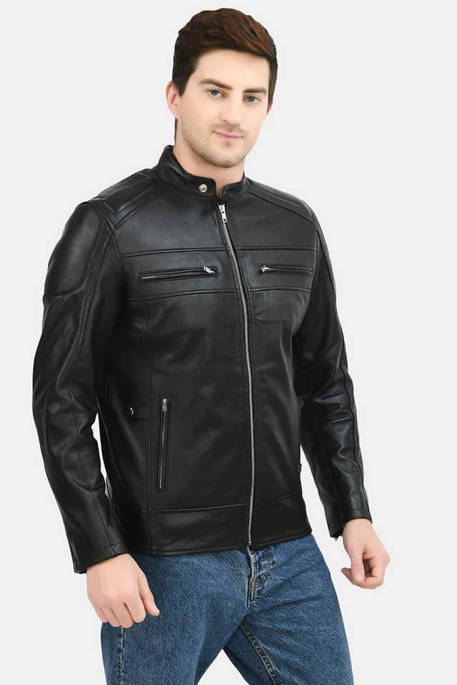 solid collared leather mens winter wear jacket