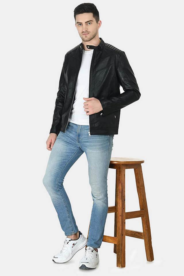 solid collared leather mens winter wear jacket