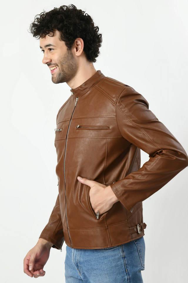 solid collared leather mens winter wear jacket