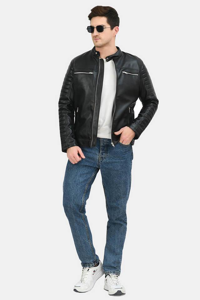 solid collared leather mens winter wear jacket