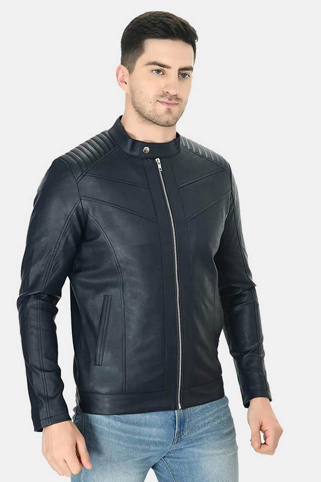 solid collared leather mens winter wear jacket