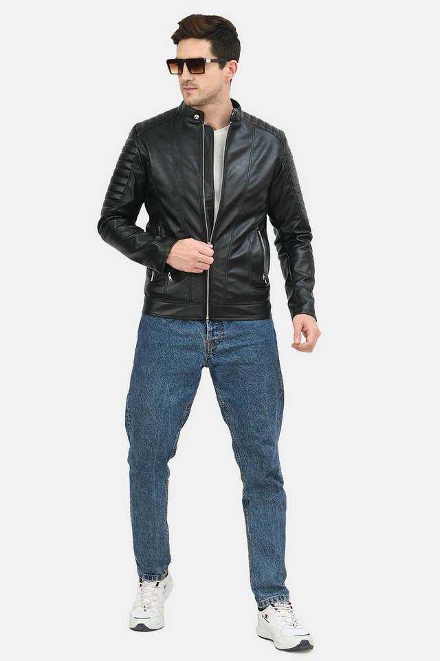 solid collared leather mens winter wear jacket