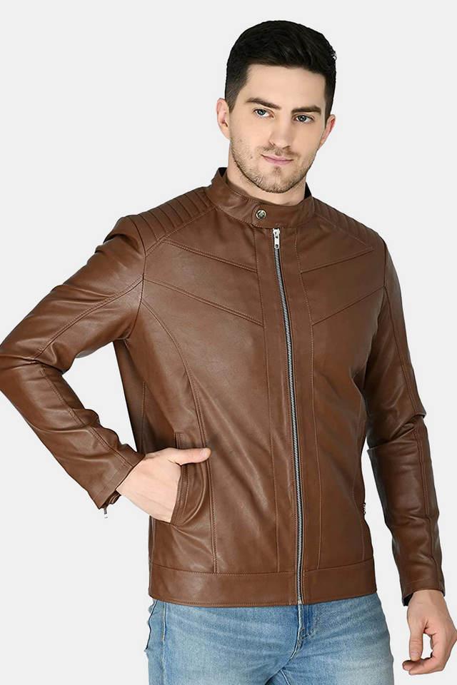 solid collared leather mens winter wear jacket