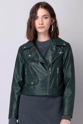 solid collared leather women's casual wear jacket - green