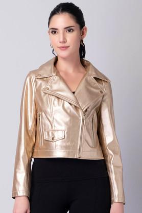 solid collared leather women's casual wear jacket - yellow