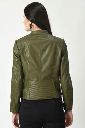 solid collared leather women's winter wear jacket - green