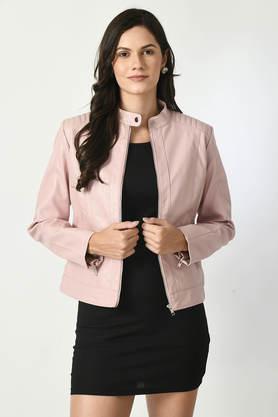 solid collared leather women's winter wear jacket - pink