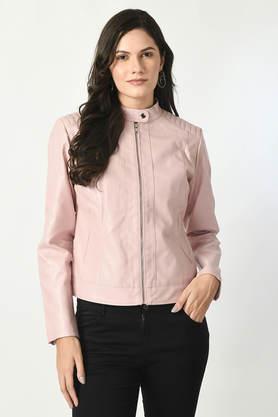 solid collared leather women's winter wear jacket - pink