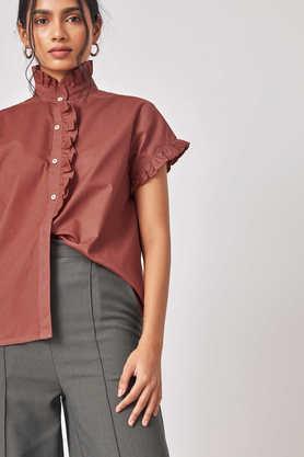 solid collared linen women's casual wear shirt - brown