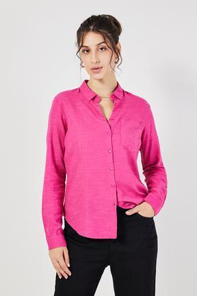 solid collared linen women's casual wear shirt - fuchsia