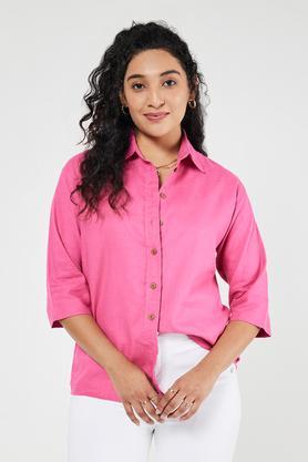 solid collared linen women's casual wear shirt - fuchsia