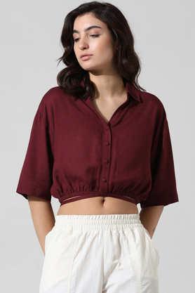 solid collared linen women's casual wear shirt - maroon