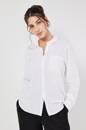 solid collared linen women's casual wear shirt - white