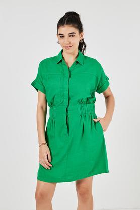 solid collared linen women's dress - green