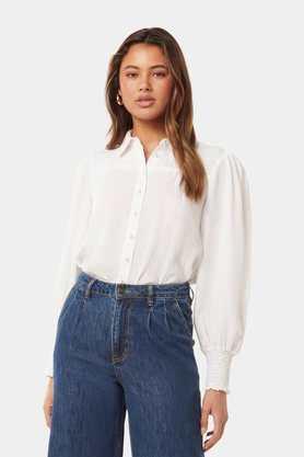 solid collared linen women's party wear shirt - white