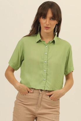 solid collared modal women's casual wear shirt - green