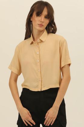 solid collared modal women's casual wear shirt - natural