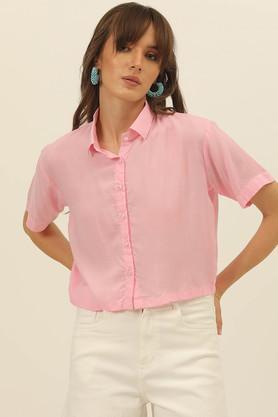 solid collared modal women's casual wear shirt - rose gold