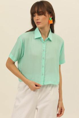 solid collared modal women's casual wear shirt - sea green