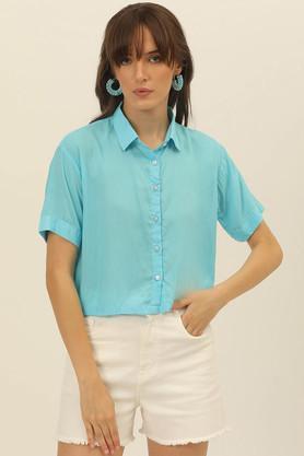 solid collared modal women's casual wear shirt - turquoise