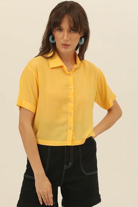 solid collared modal women's casual wear shirt - yellow