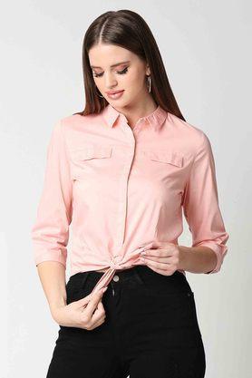 solid collared neck cotton blend womens casual shirt - peach