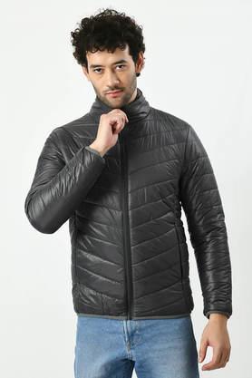 solid collared nylon men's winter wear jacket - dark grey