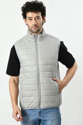 solid collared nylon men's winter wear jacket - silver