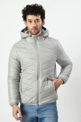 solid collared nylon men's winter wear jacket - silver