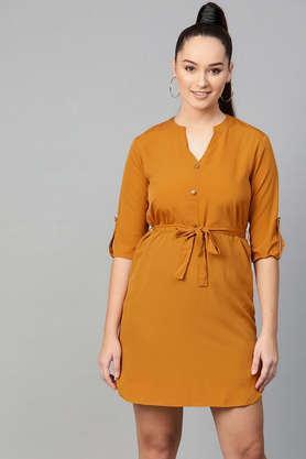 solid collared polyester women's above knee dress - mustard
