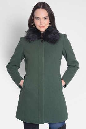 solid collared polyester women's casual wear coat - green