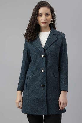 solid collared polyester women's casual wear coat - teal