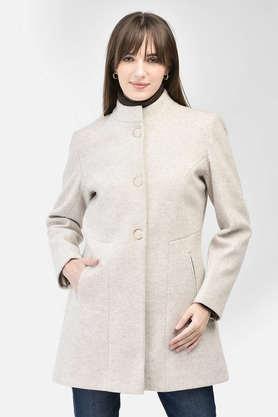 solid collared polyester women's casual wear coat - white