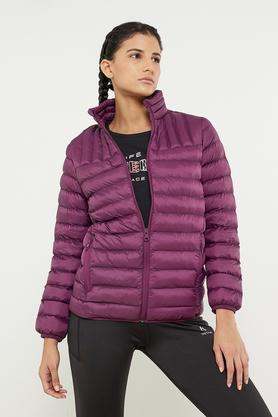 solid collared polyester women's casual wear jacket - plum