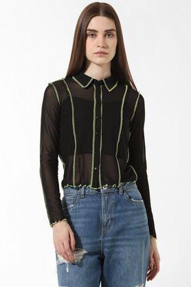 solid collared polyester women's casual wear shirt - black