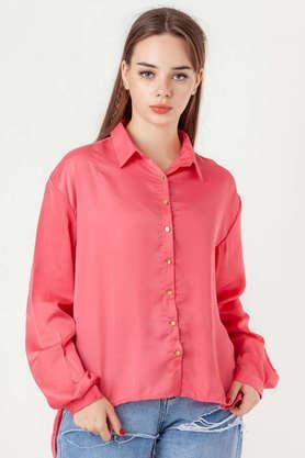 solid collared polyester women's casual wear shirt - fuschia