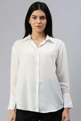 solid collared polyester women's casual wear shirt - off white