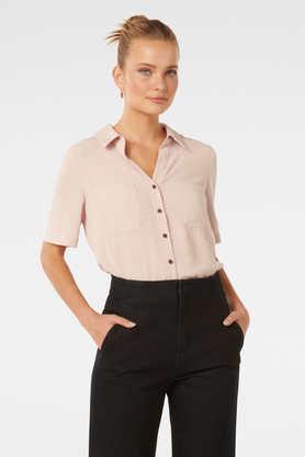 solid collared polyester women's casual wear shirt - pink