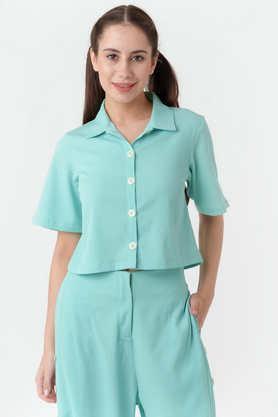 solid collared polyester women's casual wear shirt - turquoise