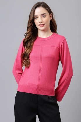 solid collared polyester women's casual wear sweater - fuchsia