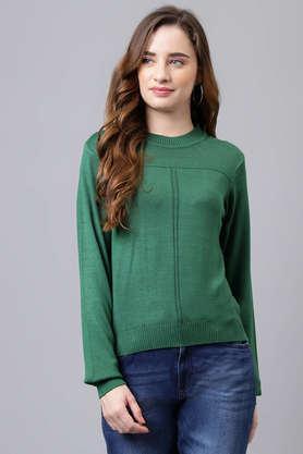 solid collared polyester women's casual wear sweater - green