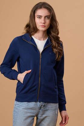 solid collared polyester women's casual wear sweatshirt - blue